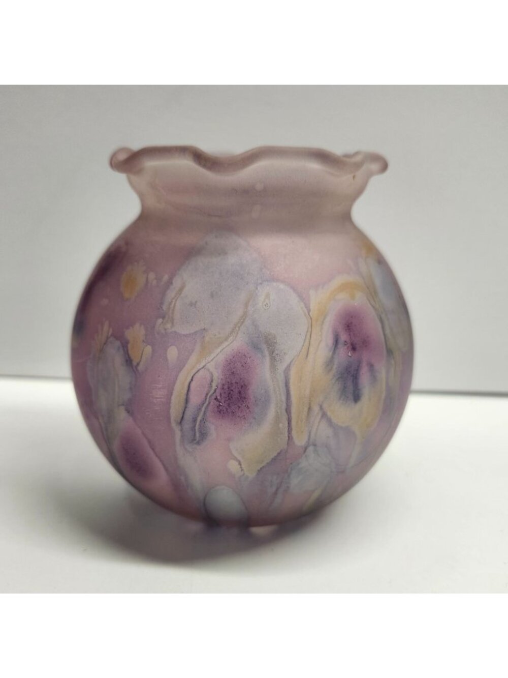 Gorgeous Hand Painted Glass Vase Pink Purple Ruffle Top Bowl Bottom Rose Bowl
